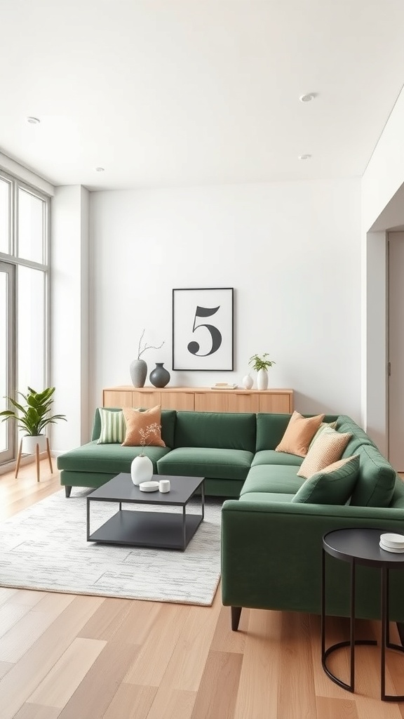 Modern minimalist living room featuring a green sofa, light wood flooring, and natural light.