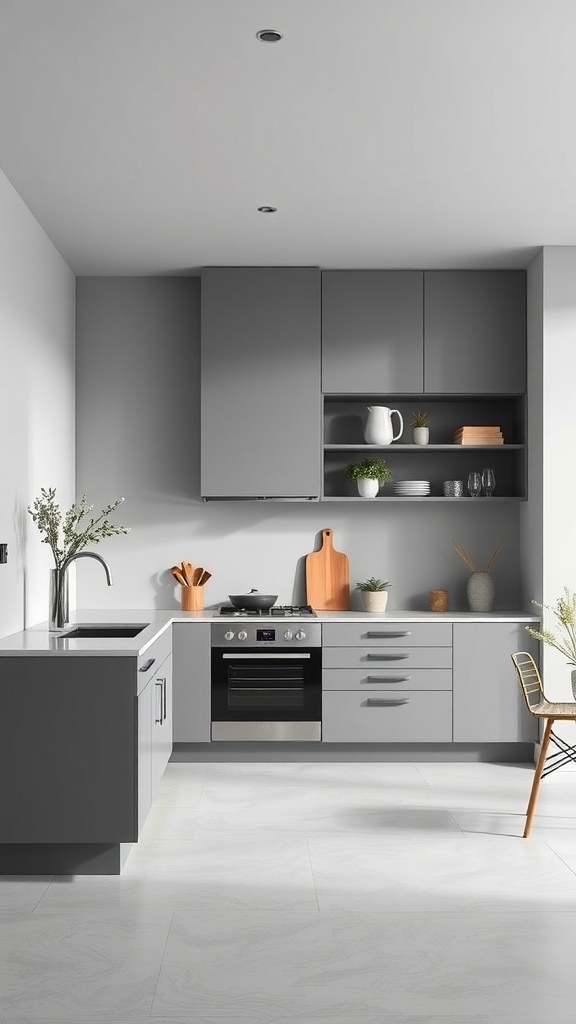 A modern minimalist grey kitchen featuring sleek cabinets, open shelves, and a stylish chair.