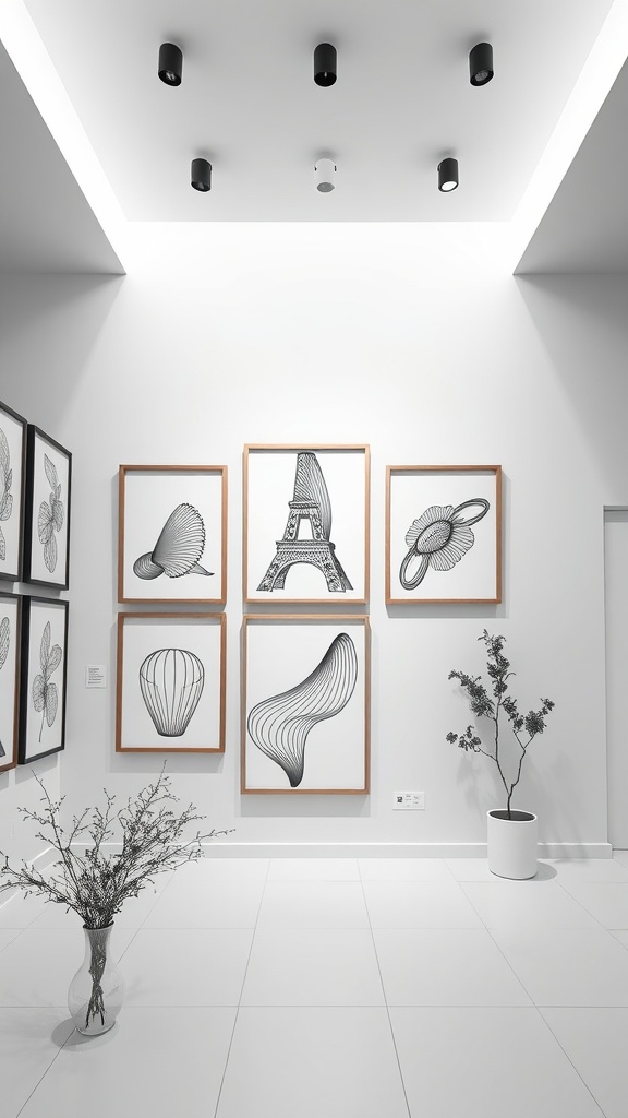 A modern minimalist gallery wall with line art framed in light wood, featuring abstract shapes and the Eiffel Tower, alongside a plant in a white pot.