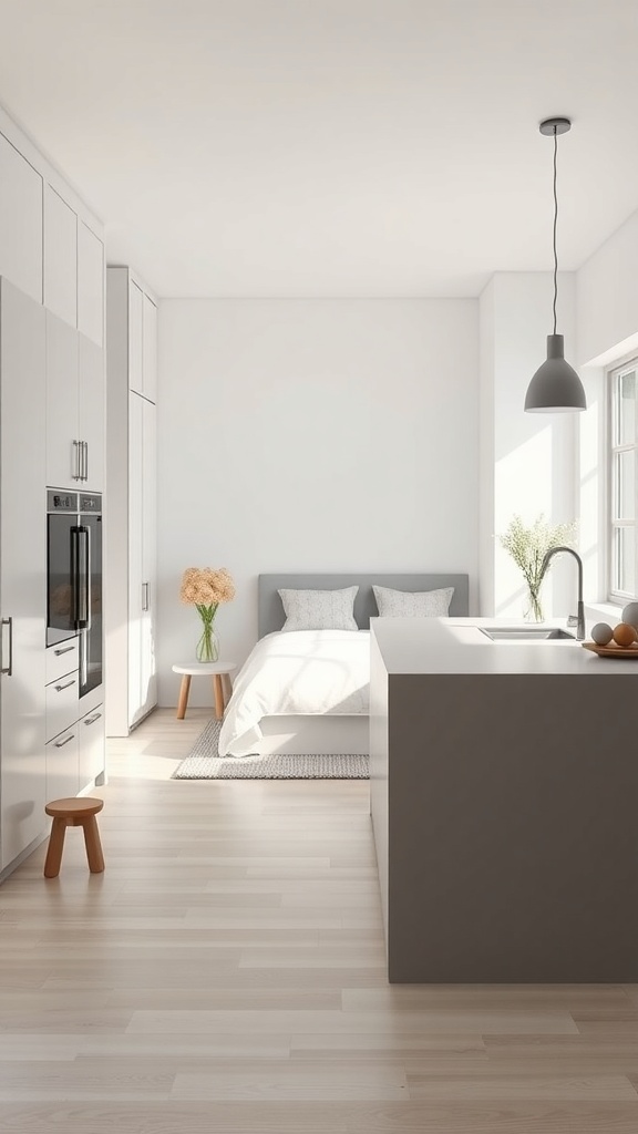 A modern minimalist kitchen featuring a pass-through design with a large island, light colors, and natural elements.