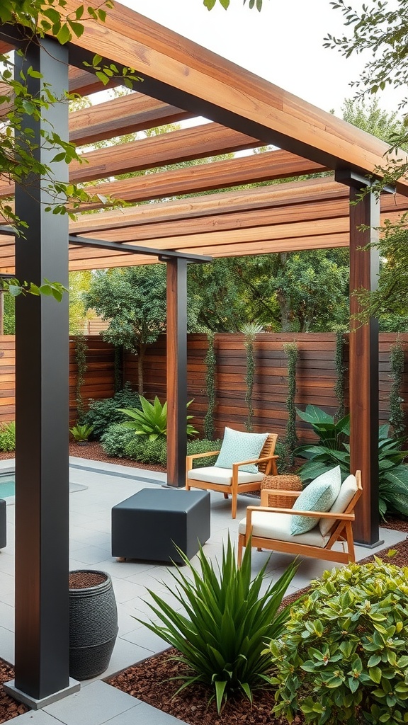 A modern minimalist pergola with wooden beams and sleek metal supports, featuring comfortable seating and surrounding greenery.