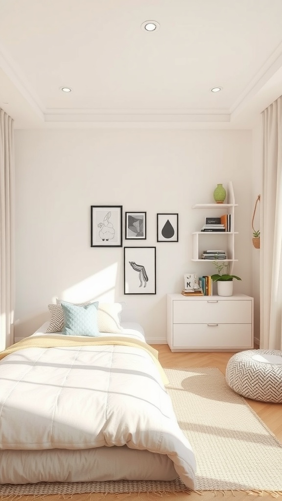 A modern minimalist kids bedroom with a bed, art on the wall, and a shelving unit.