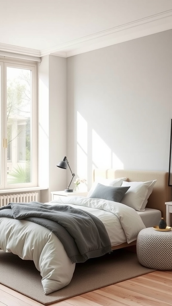 Minimalist toddler bedroom with a bed, soft bedding, and natural light