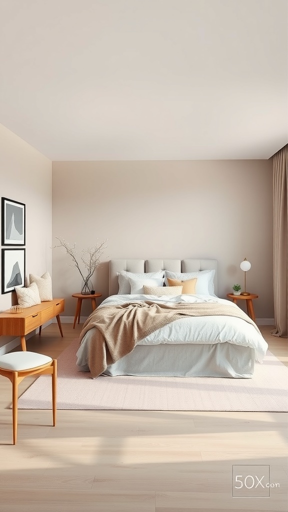 A modern minimalist taupe bedroom featuring a bed with white linens, taupe blanket, wooden furniture, and soft lighting.