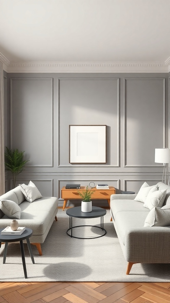A modern living room featuring minimalist wainscoting with gray walls, light gray sofas, and wooden furniture.