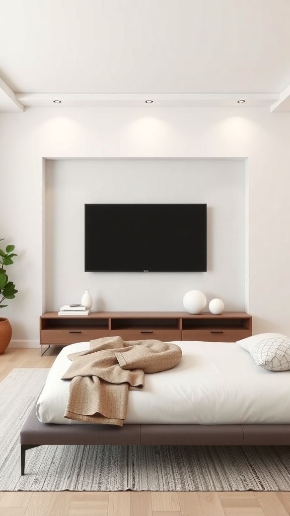 A modern minimalist living room with a wall unit featuring a TV and a low-profile media console.