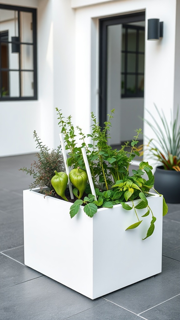 A modern white raised garden bed filled with various plants