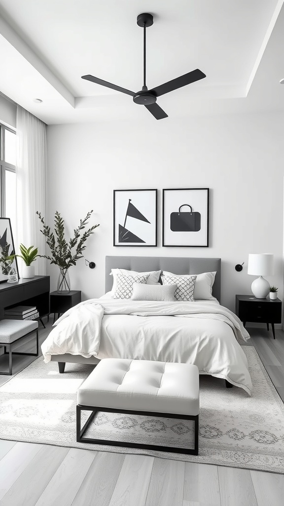 A modern monochrome bedroom featuring a gray bed, white linens, black furniture, and minimalist decor.