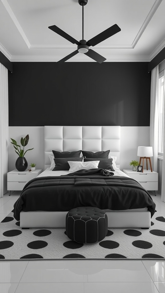 Modern bedroom with a black and white color scheme, featuring a black wall, white bed, and polka dot rug.