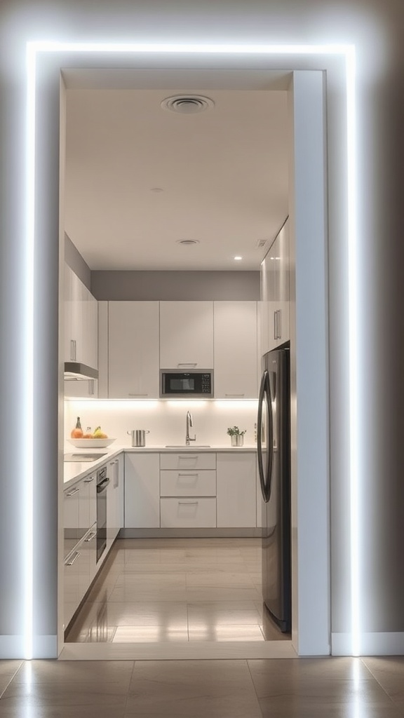 Modern kitchen pass through with LED lighting framing the entrance.