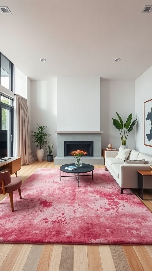Modern pink area rug in a stylish living room with a fireplace and plants