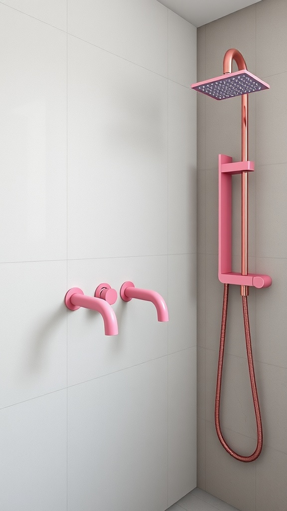Modern pink wall-mounted bathroom fixtures with sleek design.