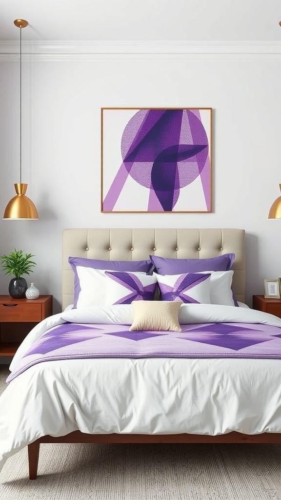 A modern purple bedroom featuring geometric patterns in the bedding and artwork.