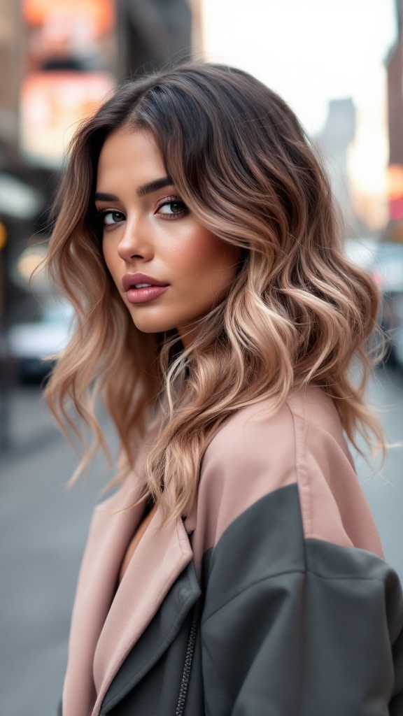 A woman with modern S-shaped waves hairstyle, showing soft curls and a stylish outfit.