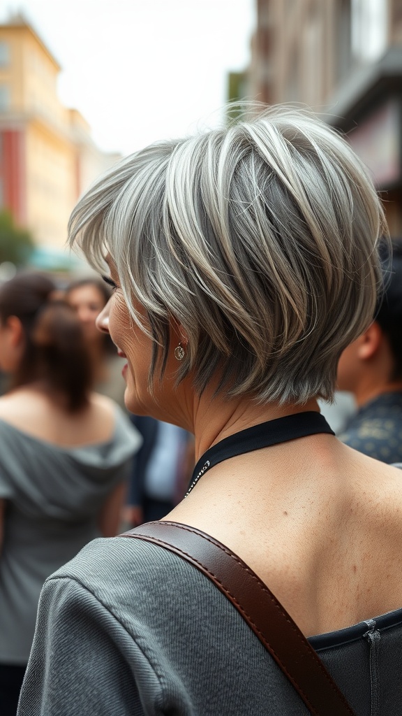 A woman with a modern shag cut with bangs, showcasing stylish light gray hair.