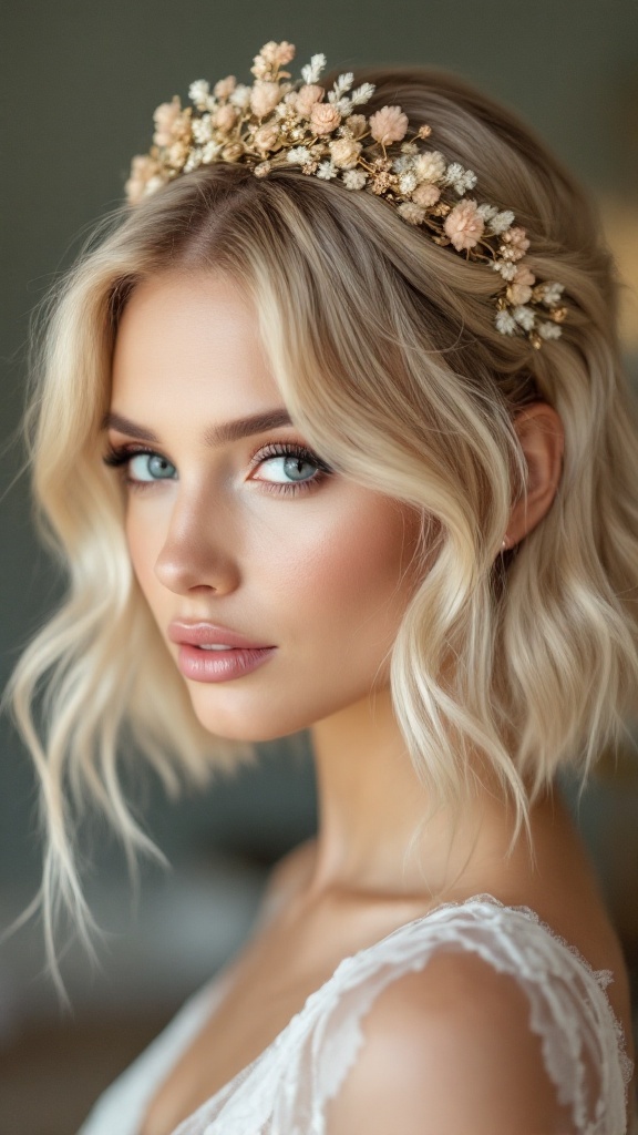 A woman with modern shag hairstyle and a simple floral crown, showcasing a bridal look.