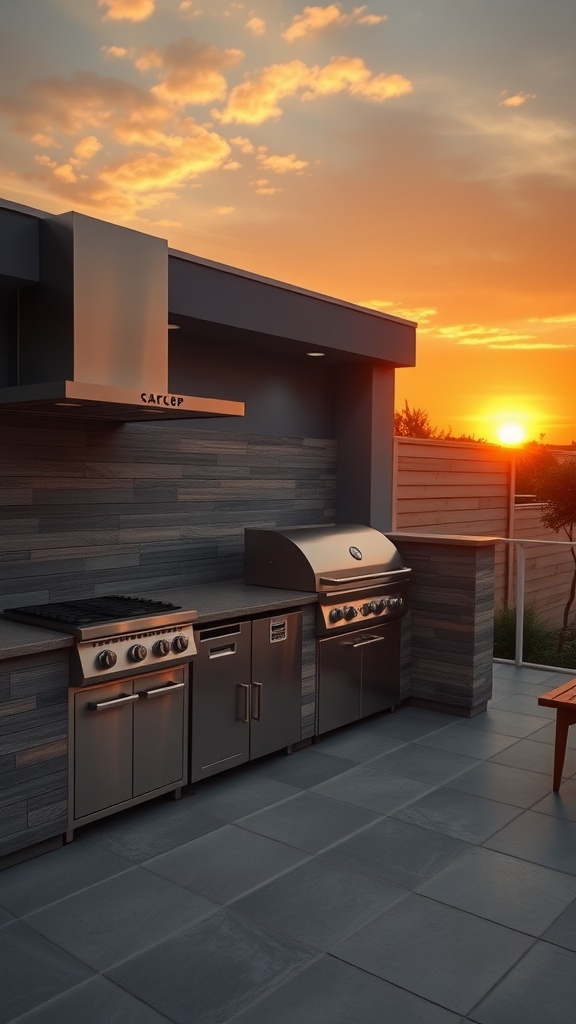 Modern outdoor kitchen with stainless steel appliances and a sunset backdrop