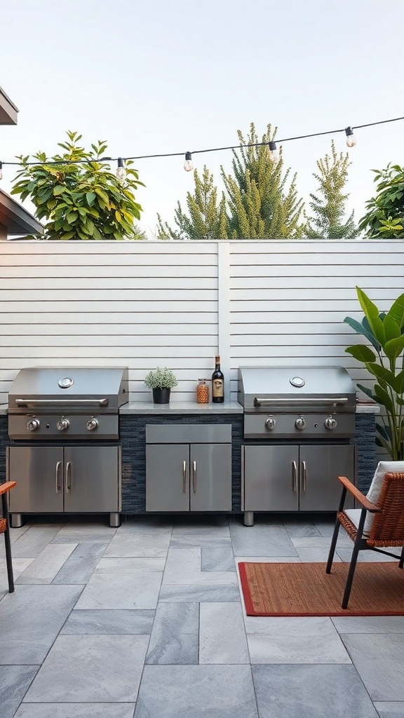 Modern outdoor kitchen featuring stainless steel grills, a countertop, and plants