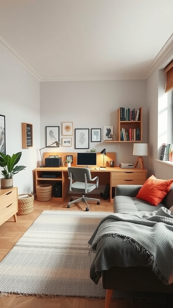 A modern study area with a desk, bookshelf, cozy sofa, and decorative elements.