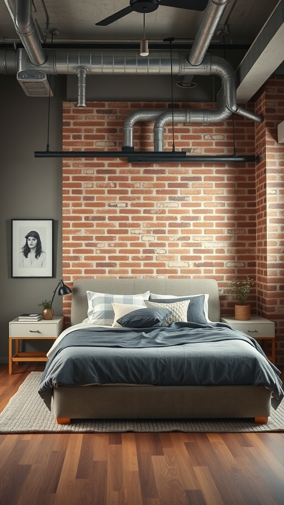 A modern taupe bedroom featuring a bed with soft bedding, an exposed brick wall, metal pipes on the ceiling, and minimalist furniture.