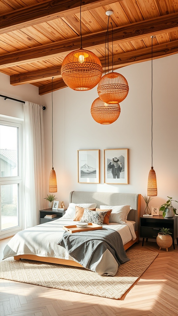 A modern bedroom featuring terracotta lighting fixtures, wooden ceiling beams, and neutral bedding.