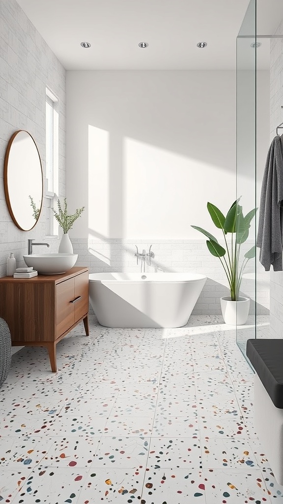 A modern bathroom featuring terrazzo flooring with colorful speckles, a sleek bathtub, wooden vanity, and a potted plant.