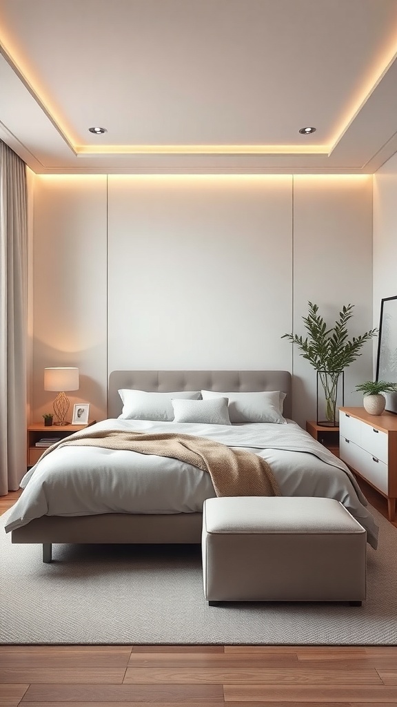 Modern Korean bedroom with gray bedding, wooden accents, and soft lighting