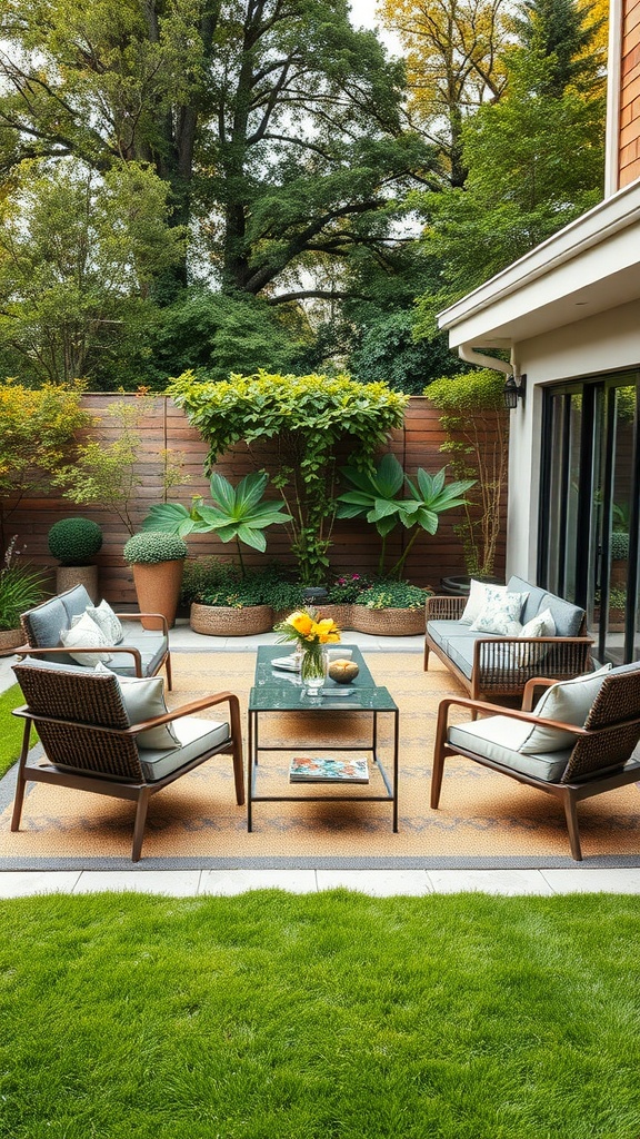 A modern turf patio with seating and greenery, inviting for outdoor living.