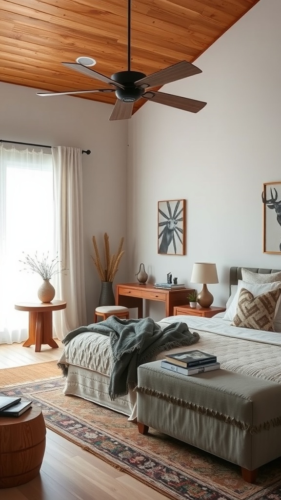 A modern western bedroom featuring a wooden ceiling, neutral bedding, and rustic decor.