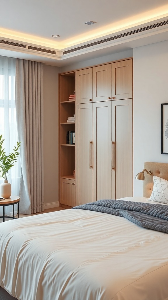 A modern bedroom featuring modular cupboards with a mix of closed cabinets and open shelving, showcasing a stylish and organized space.