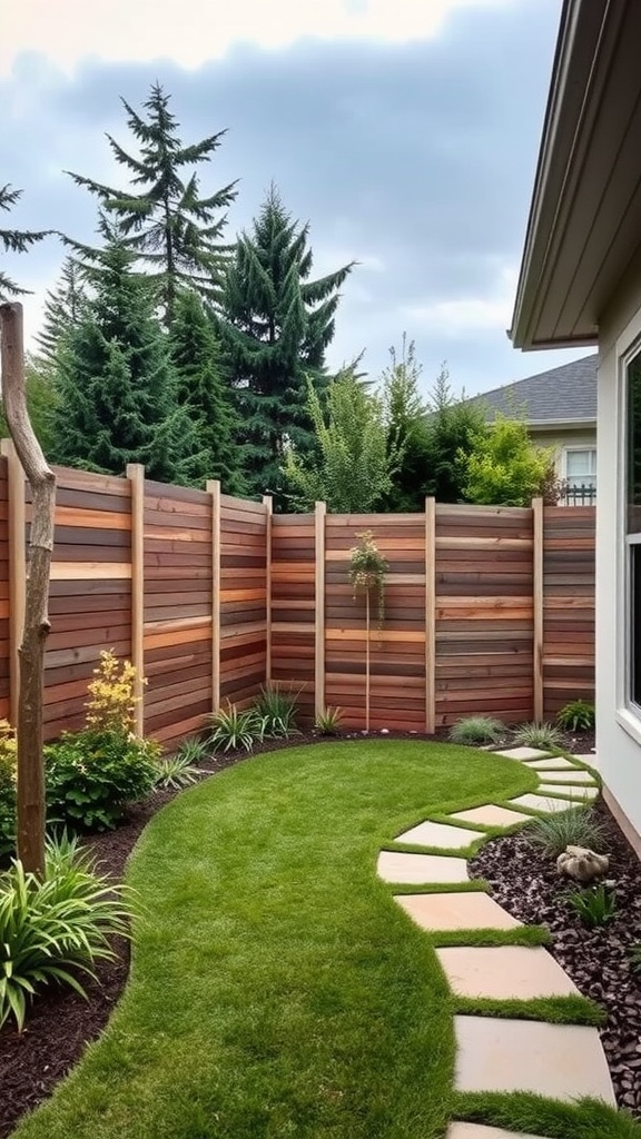 A backyard with modular curved wooden fencing, a grassy path, and lush plants.
