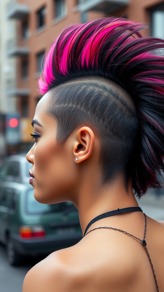 A Mohawk hairstyle with vibrant pink highlights and shaved sides, showcasing a bold and edgy look.