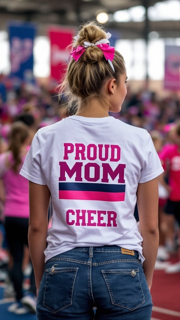A proud mom wearing a tee that says 'PROUD MOM CHEER' from the back, showcasing her support for her cheerleader.