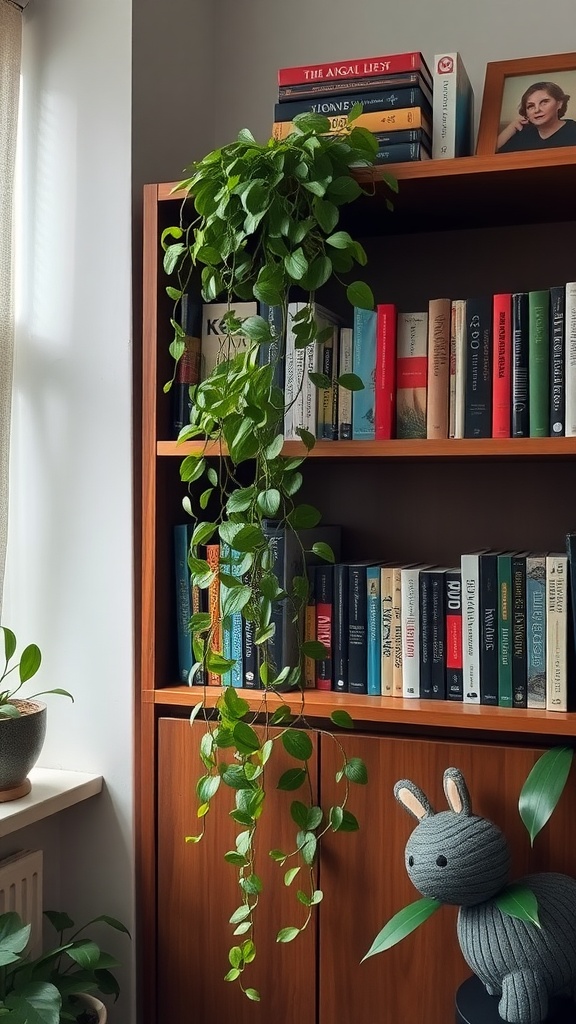 A Money Plant cascading down from a bookshelf in a cozy room