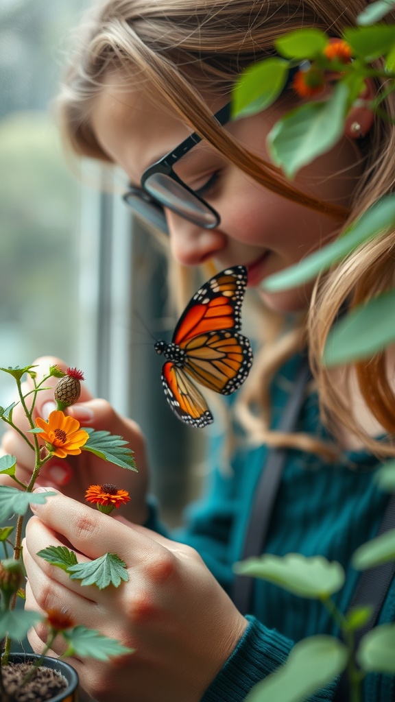 A child enjoying a butterfly in a garden, surrounded by colorful flowers.