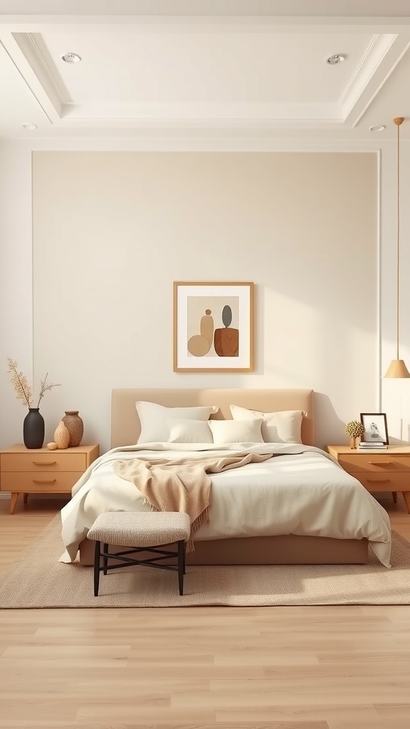 A beige bedroom with a bed, bedside tables, and abstract art on the wall.