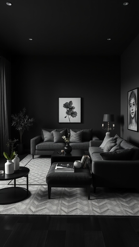 A stylish black living room featuring a monochromatic color scheme with dark walls, furniture, and contrasting decor.