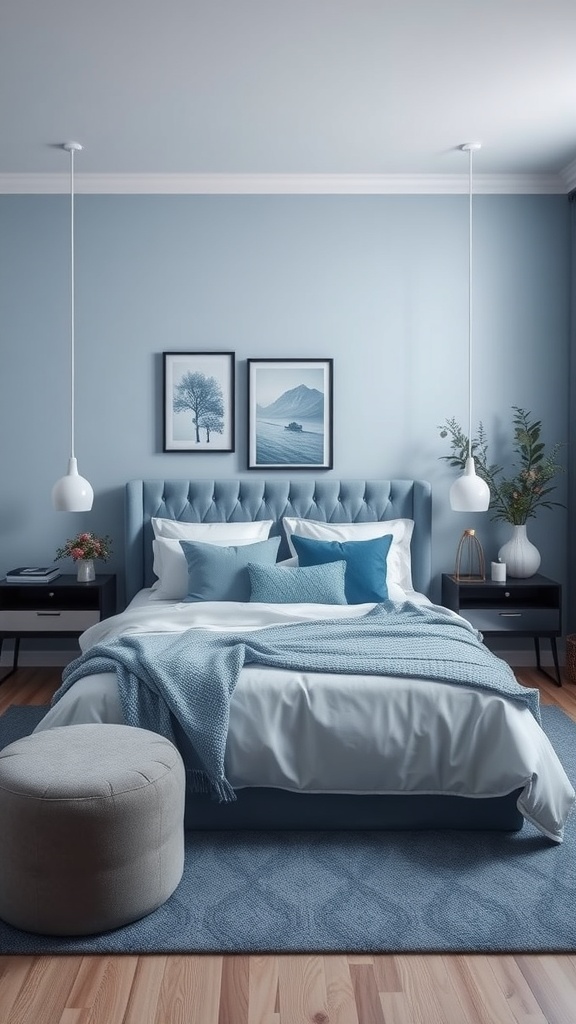 A serene bedroom featuring a monochromatic blue design with a plush bed, decorative pillows, and soft lighting.