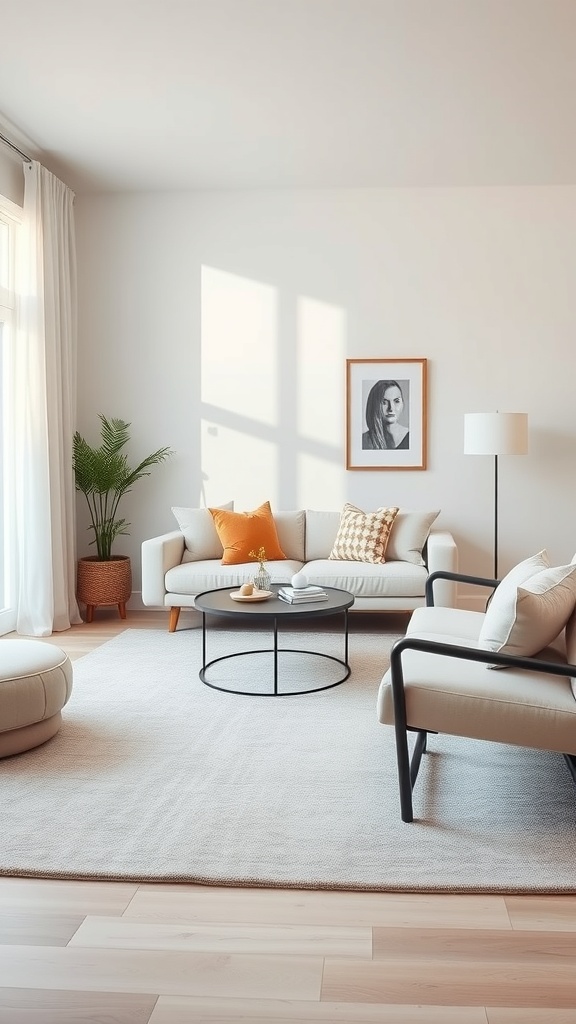 A cozy living room featuring a monochromatic design with a light beige rug, soft furniture, and warm accent pillows.