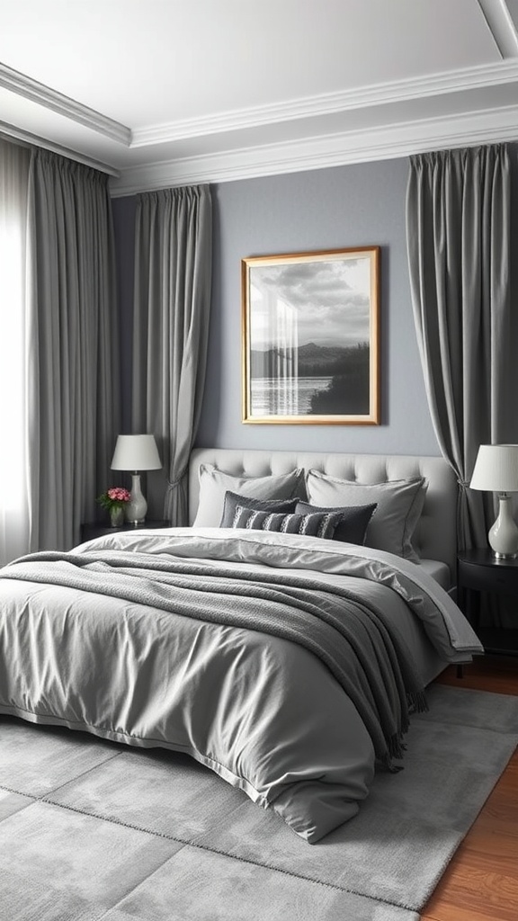 A gray bedroom featuring soft bedding, curtains, and a framed artwork, creating a serene atmosphere.