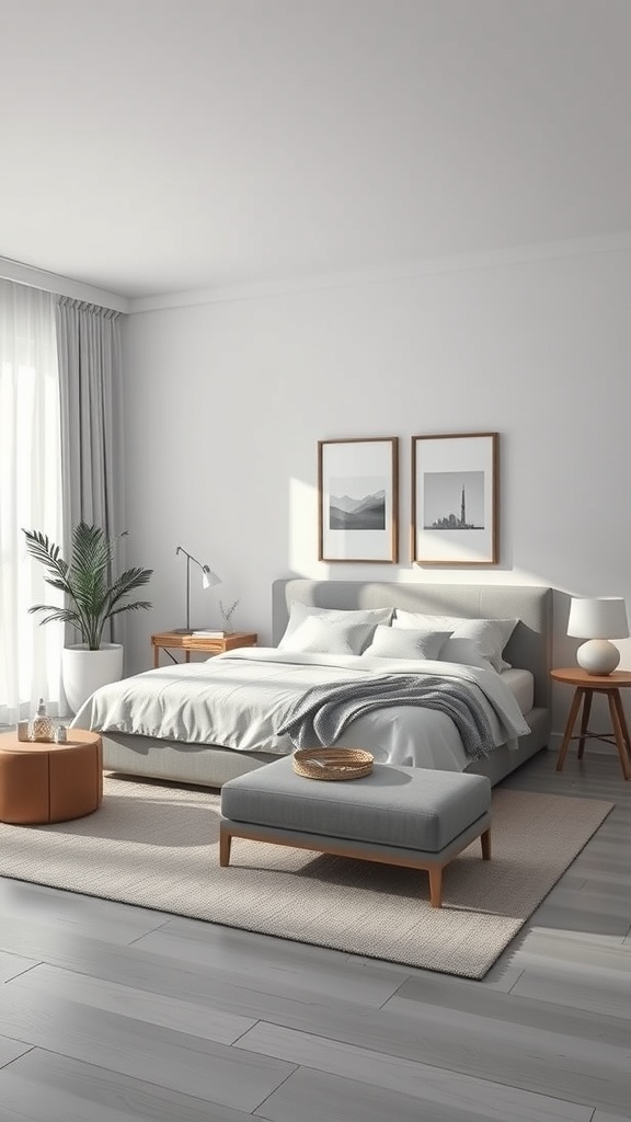 A minimalist living room featuring a monochromatic grey color scheme with soft textures and natural light.