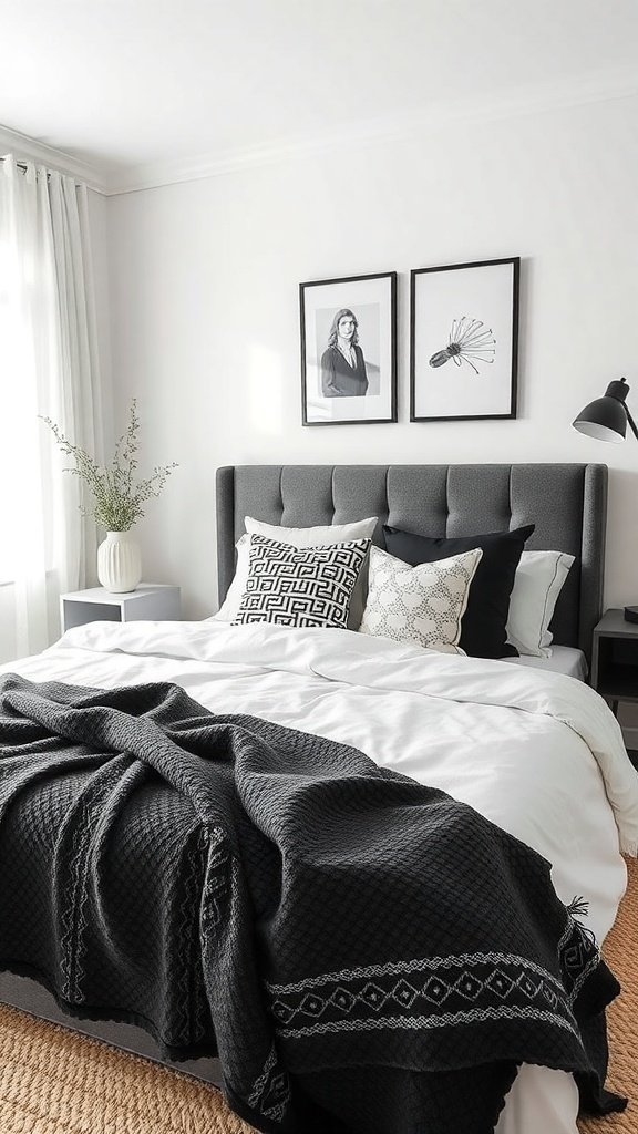 A monochrome bedroom featuring a grey headboard, black and white pillows, and framed artwork.