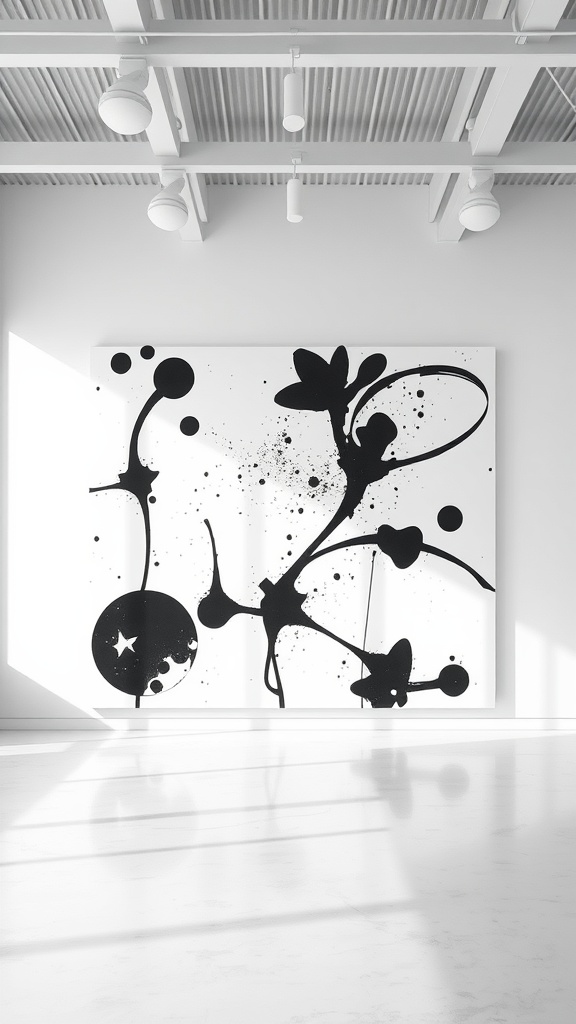 Abstract black and white wall art featuring dynamic shapes and splashes