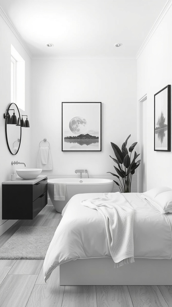 A minimalist black and white bathroom featuring monochrome artwork, a bathtub, and modern fixtures.
