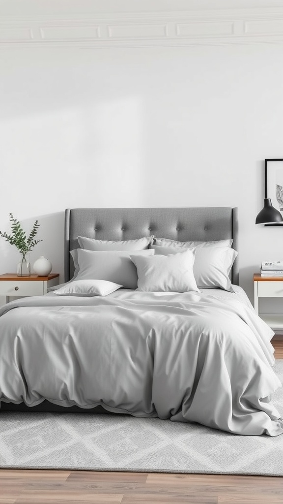 A stylish monochrome bedroom featuring gray bedding, a tufted headboard, and minimal decor.