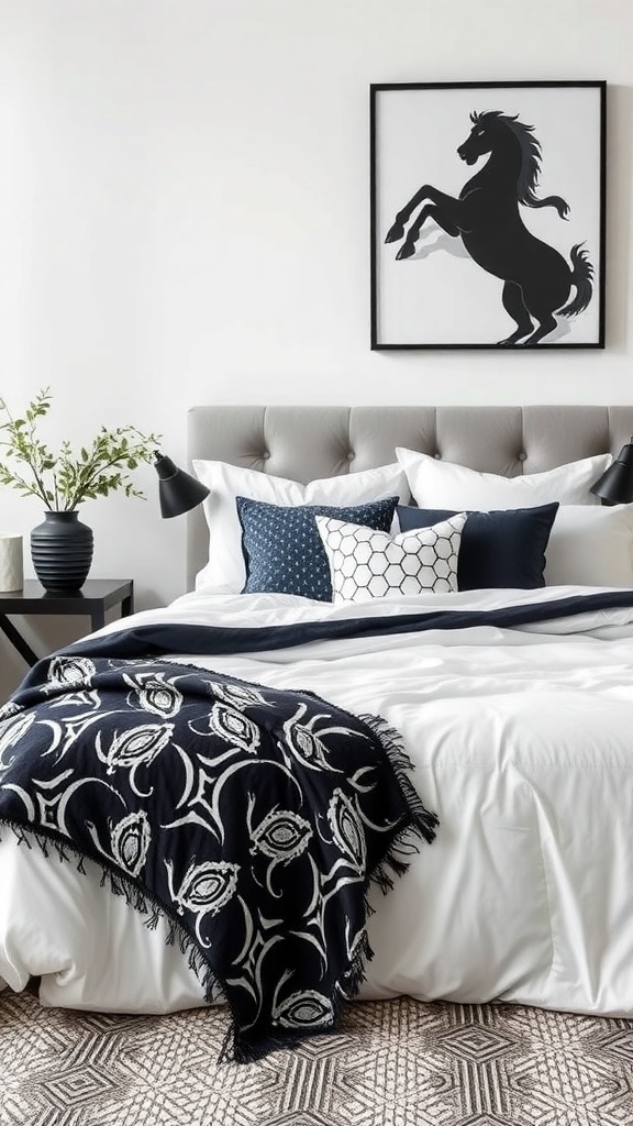 A stylish monochrome bedroom featuring a white duvet, dark patterned throw, and decorative pillows in shades of blue.
