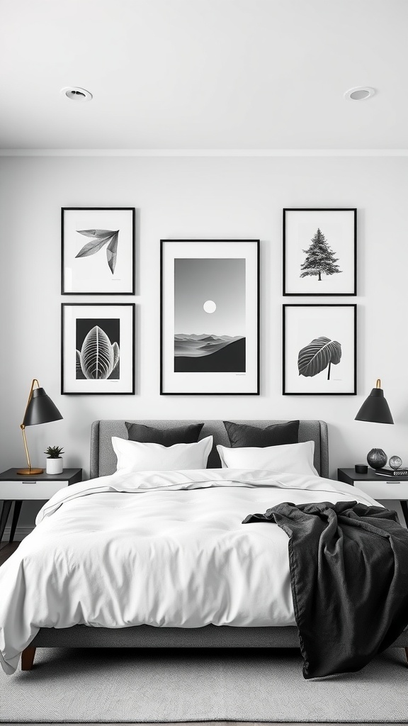 A stylish bedroom featuring a monochrome black and white display of framed nature-themed artwork above a neatly made bed.