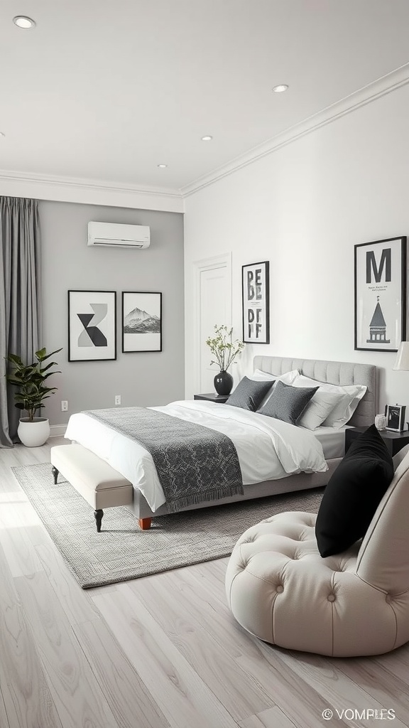 A clean and modern bedroom featuring monochrome decor with gray walls, white bedding, and minimalist art