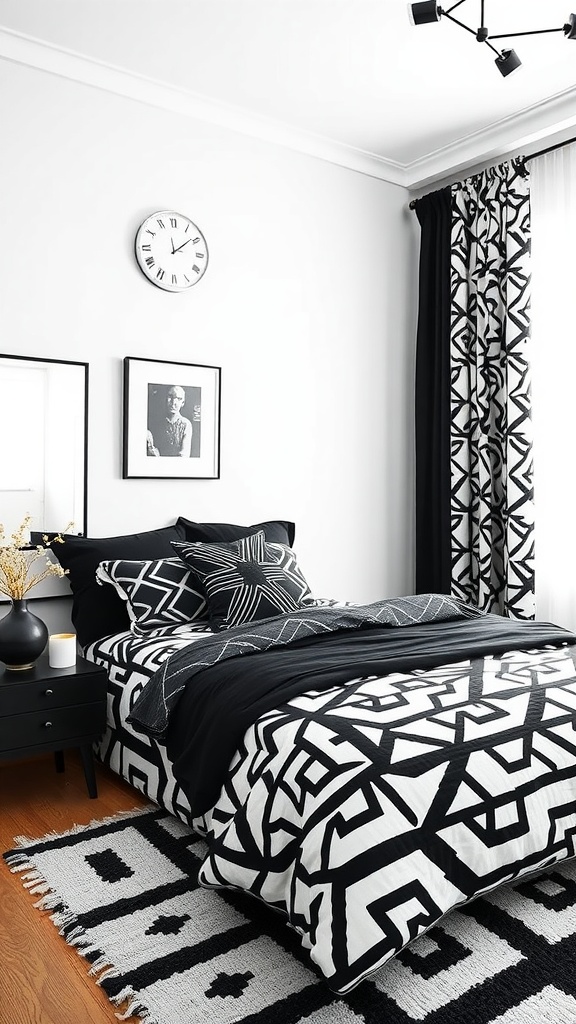 A black and white bedroom featuring bold geometric patterns on the bedding and curtains.