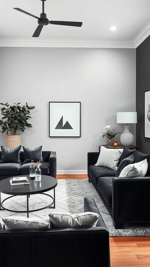 A stylish black and white living room featuring textured fabrics, modern furniture, and decorative elements.